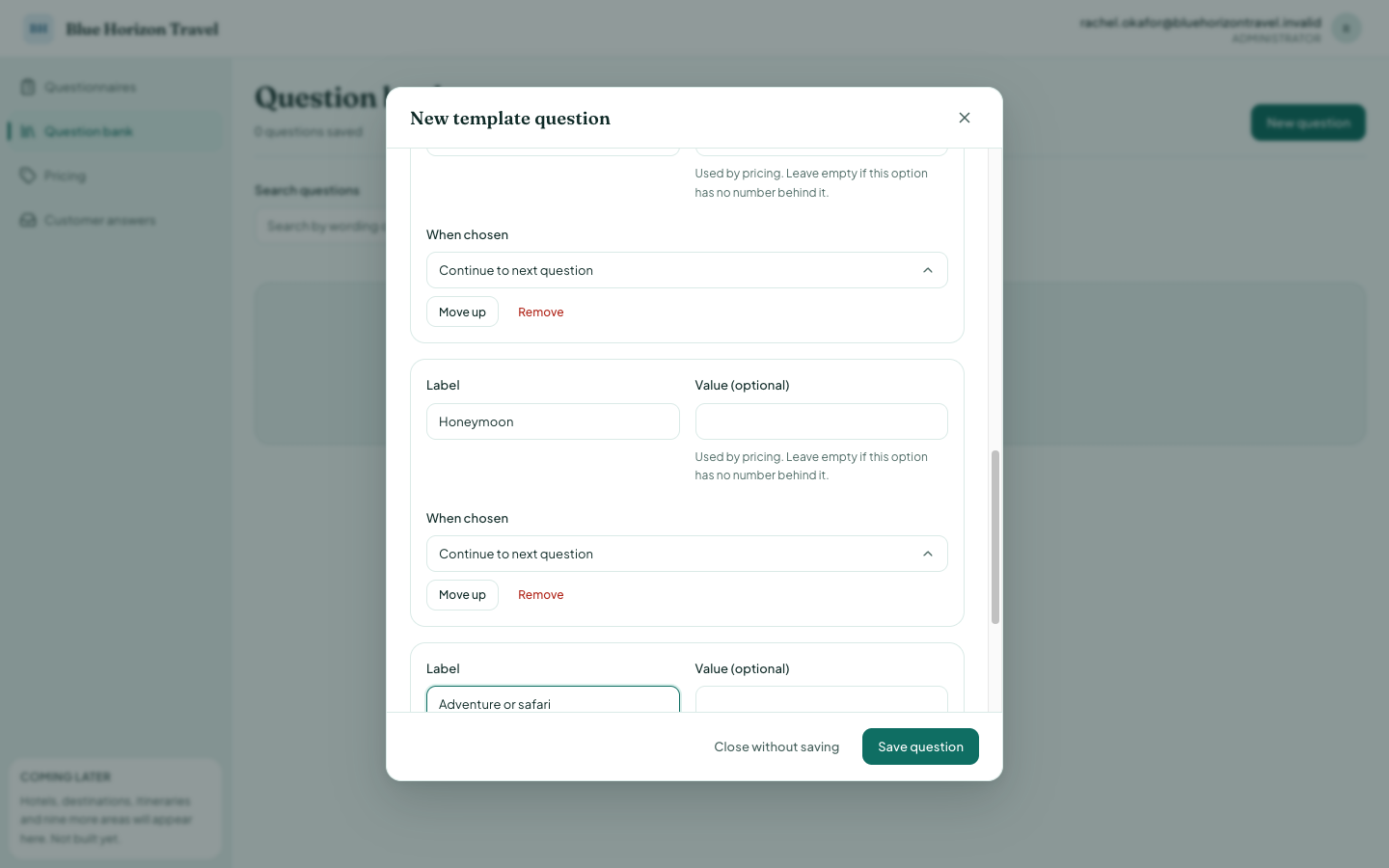 A question filled in with four options