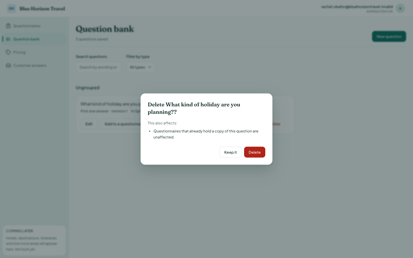 Confirming deletion of a question