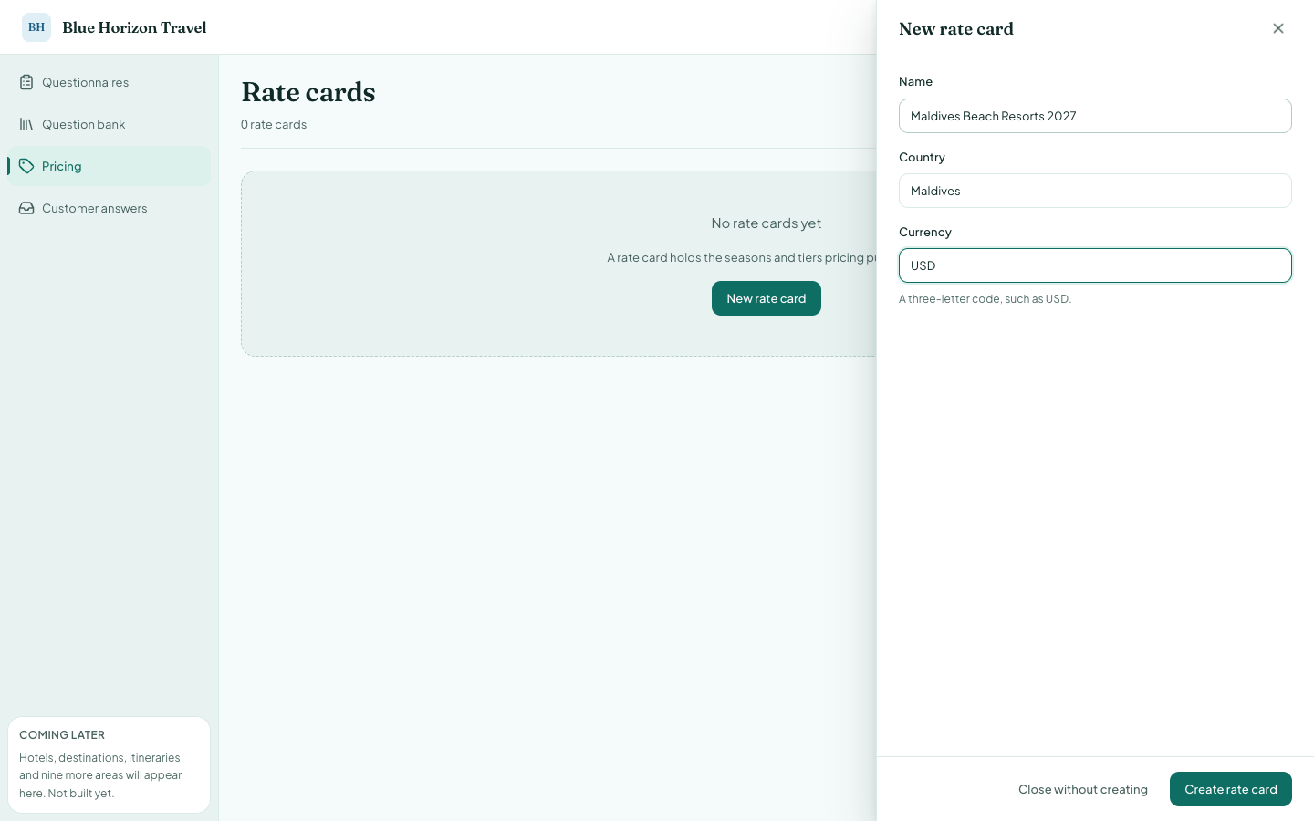 The new rate card dialog