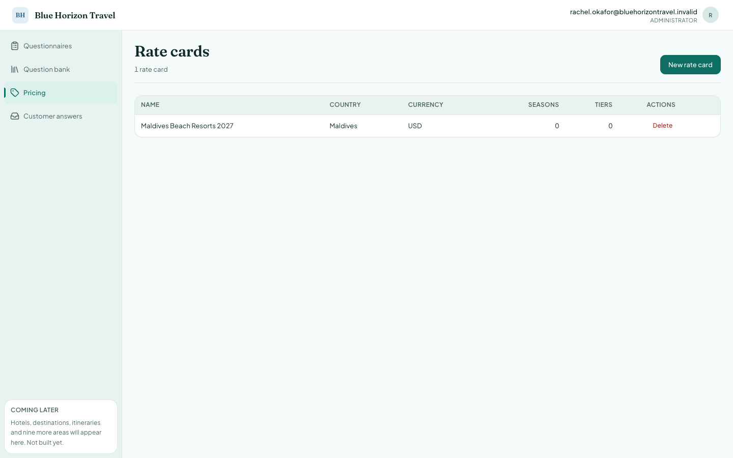 The rate card created, empty