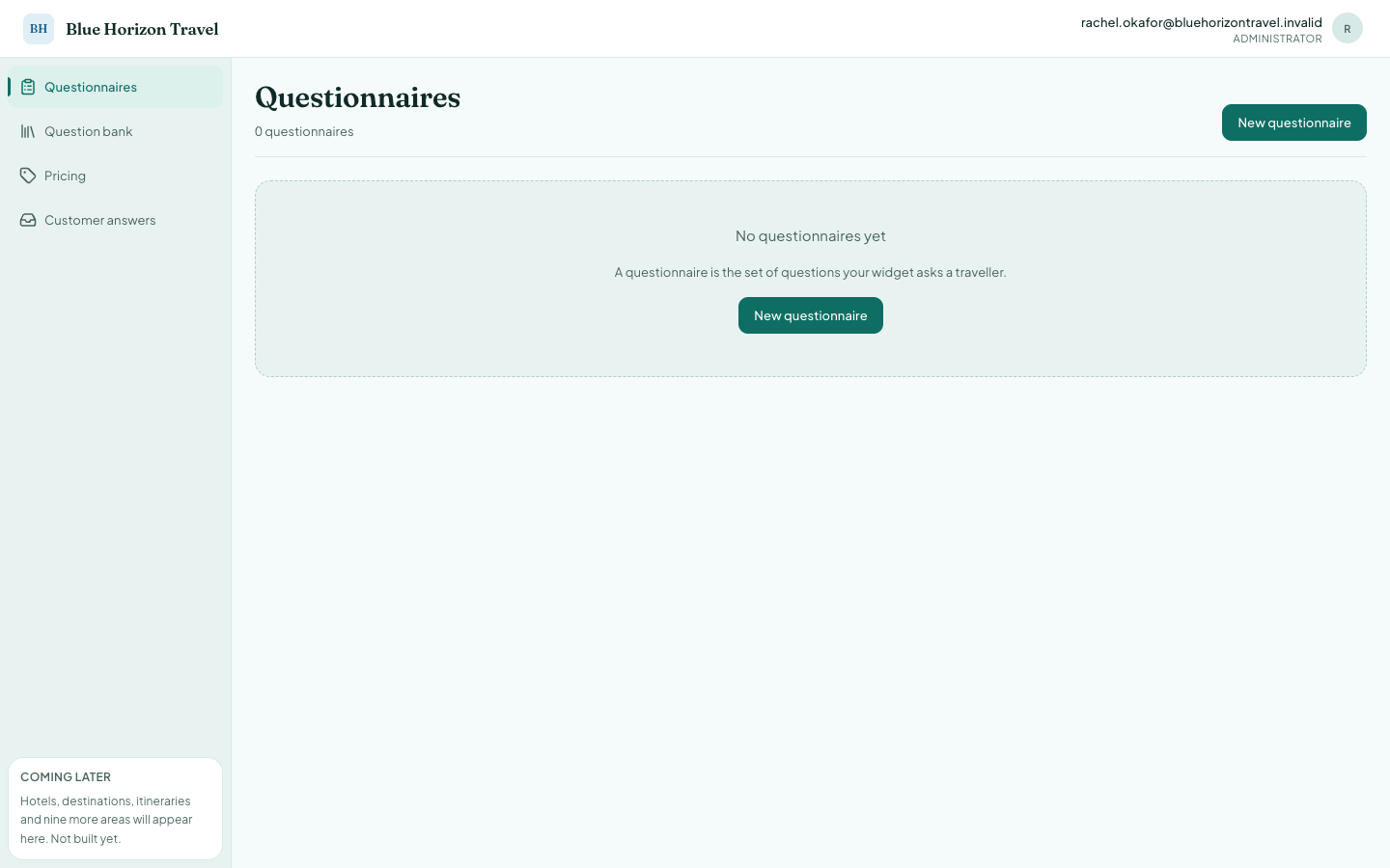 Questionnaires list, empty