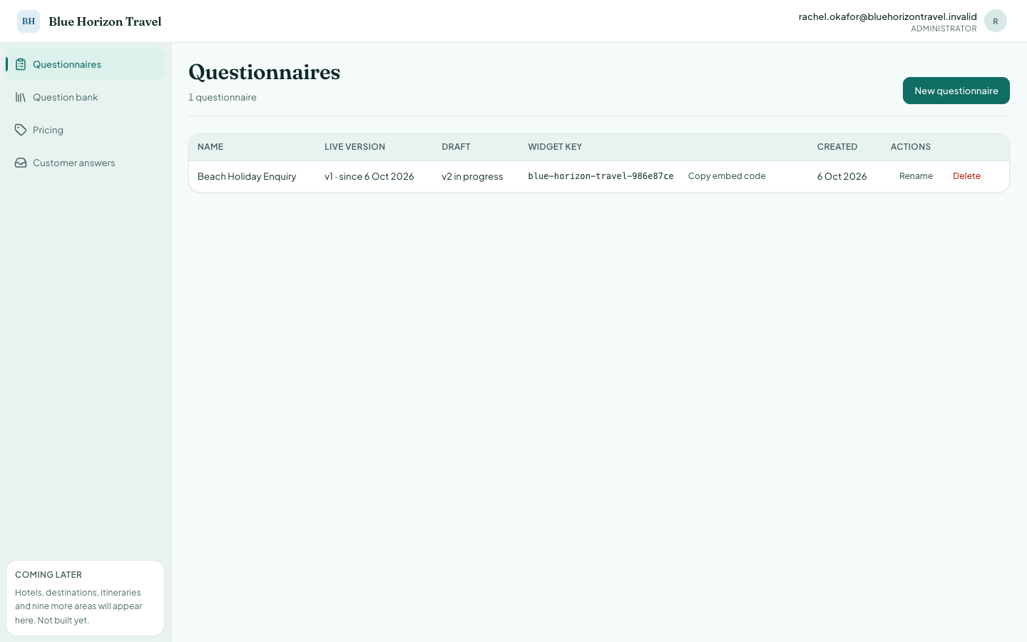 The questionnaires list showing a live version