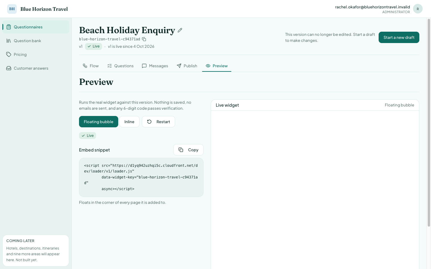 The Preview tab with the embed snippet and live widget